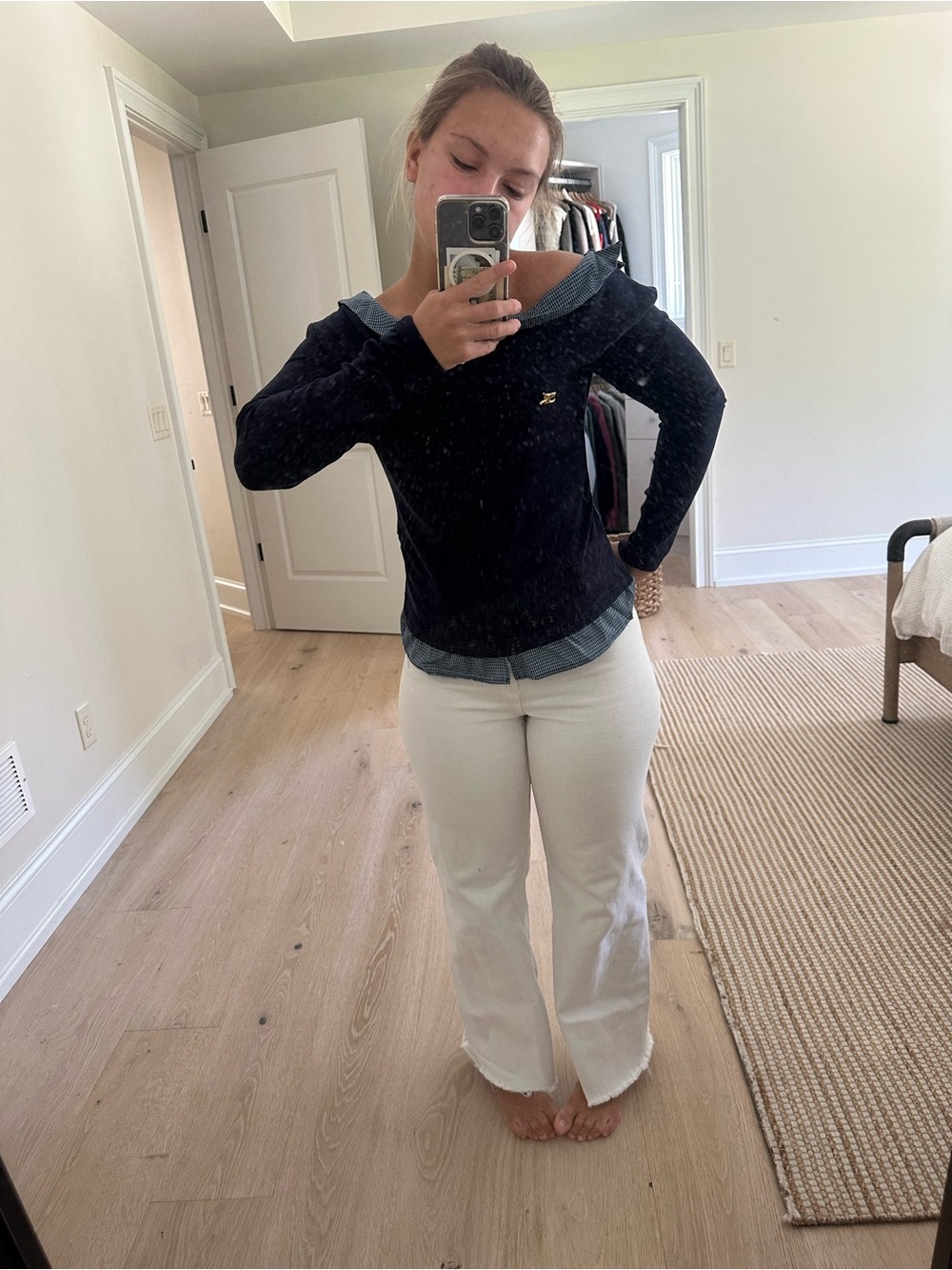 Navy Layered-Look Women's Sweater with off the shoulder